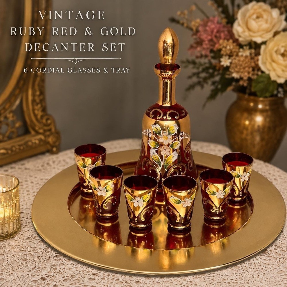 Vintage Ruby Red Gold Decanter Set 6 Cordial Glasses Tray Bohemian Czech Moser